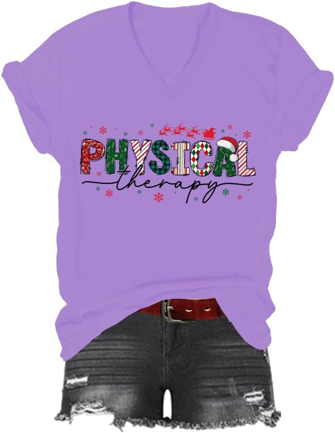 Christmas Physical Therapy T-Shirt, Physical Therapy Shirt, Classic Graphic Print Women Men V-Neck Tshirt - Purple