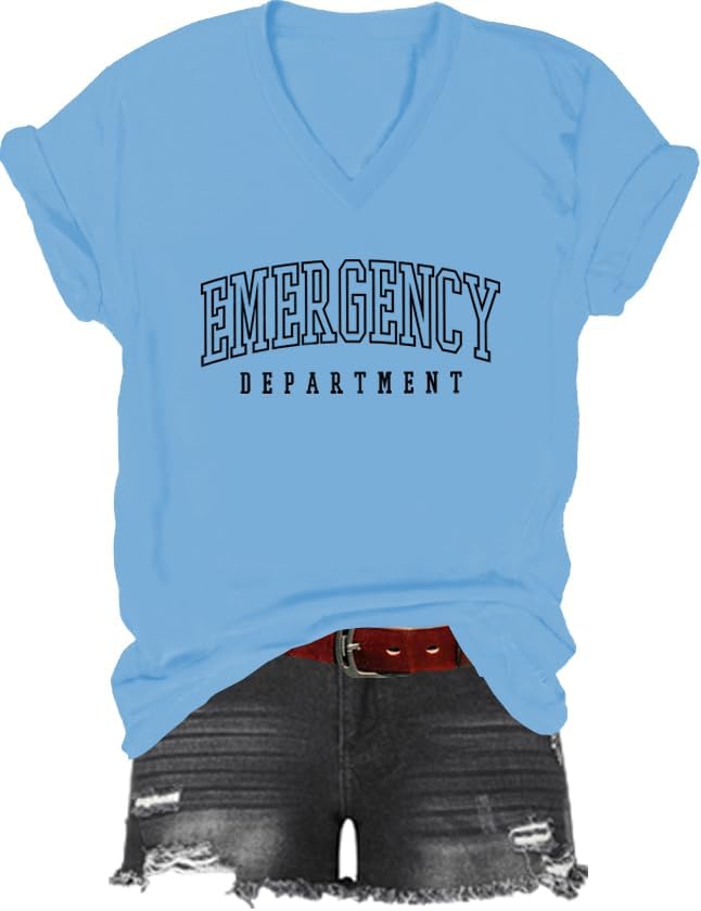 Emergency Department Shirt, Er Nurse T-Shirt, All Departments Tshirt, Classic Graphic Print Unisex V-Neck Tshirt - Sky Blue