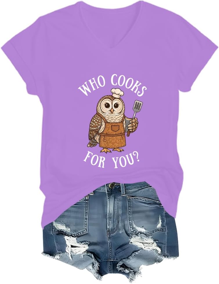 Who Cooks for You Owl Shirt Funny Barred Owl Chef Bird Lover Tee - V-neck Light Purple