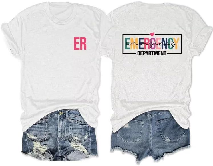 Nurse Shirts Women Emergency Department T-Shirt Funny Back and Front Graphic Tee Casual Crew Neck Tee Tops Nurse Shirt -