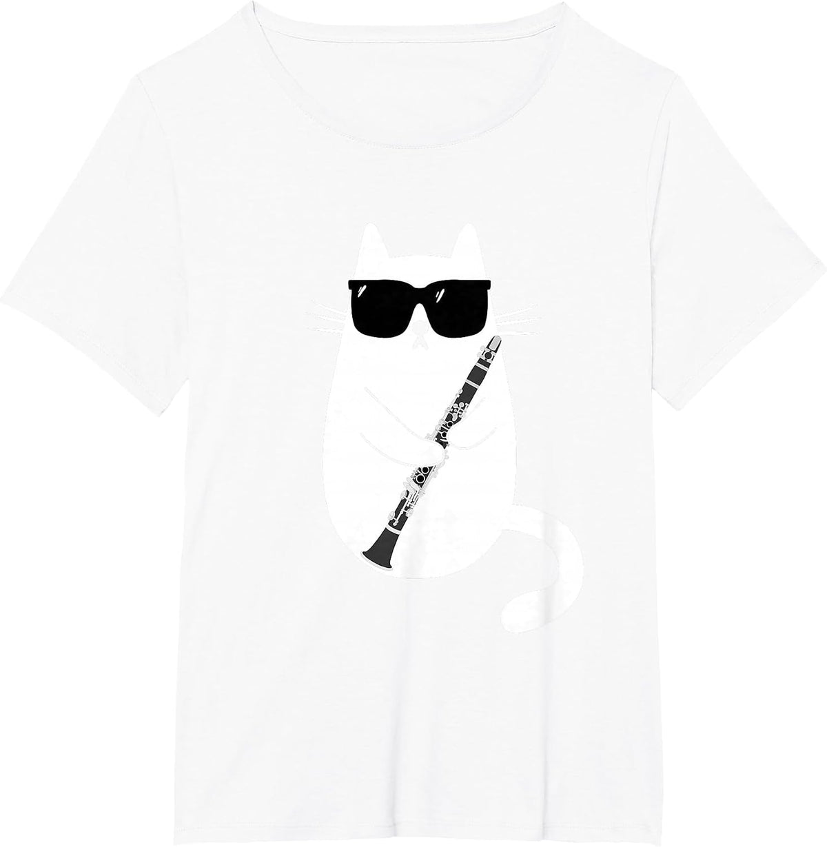 Funny Cat Wearing Sunglasses Playing Clarinet Musician T-Shirt - White