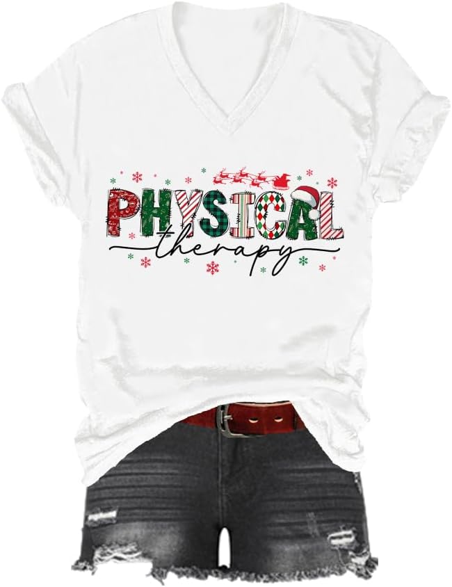 Christmas Physical Therapy T-Shirt, Physical Therapy Shirt, Classic Graphic Print Women Men V-Neck Tshirt - White