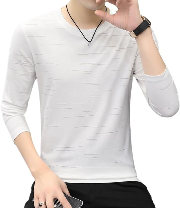 Mens Shirt Striped Crewneck Long Sleeve T Shirt Basic Pullover Classic Dry Fit Sport Golf Shirts Casual Tee Shirt - White