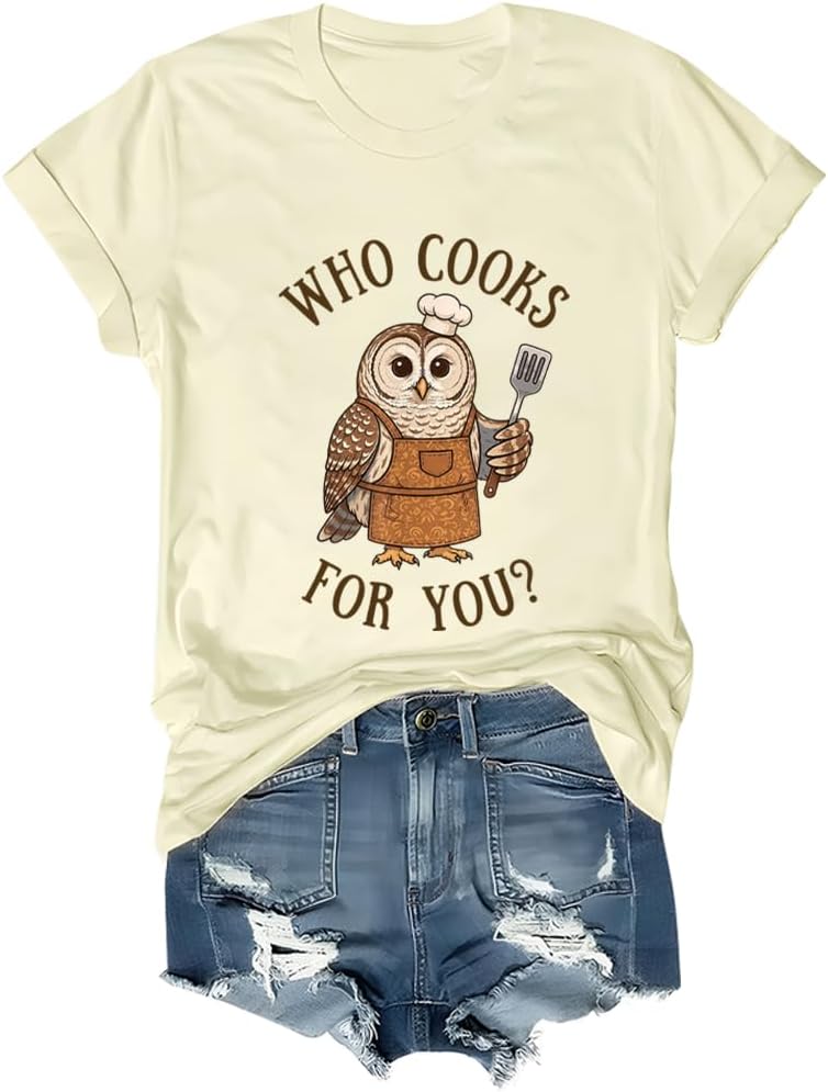 Who Cooks for You Owl Shirt Funny Barred Owl Chef Bird Lover Tee - Crew Neck Creamy Yellow1