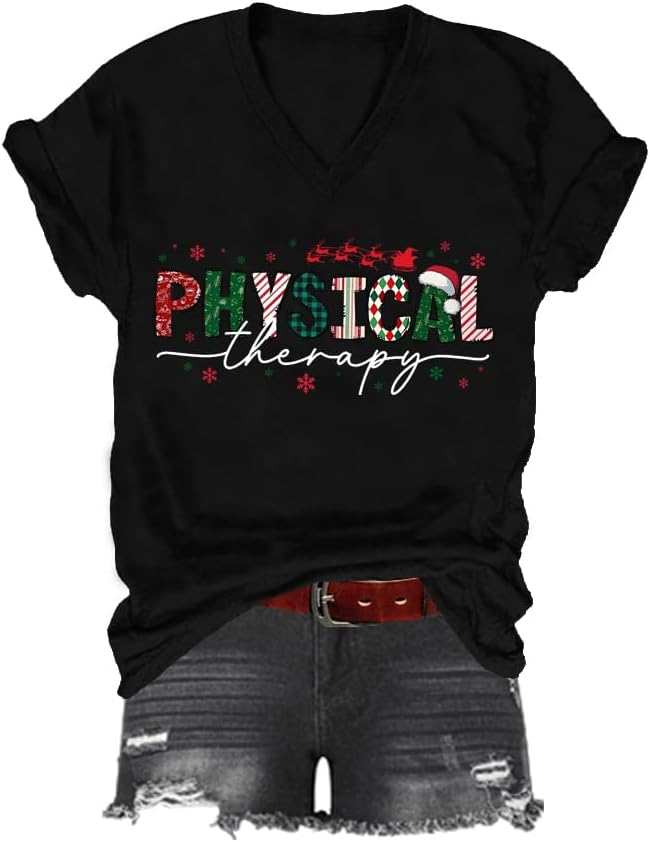 Christmas Physical Therapy T-Shirt, Physical Therapy Shirt, Classic Graphic Print Women Men V-Neck Tshirt - Black