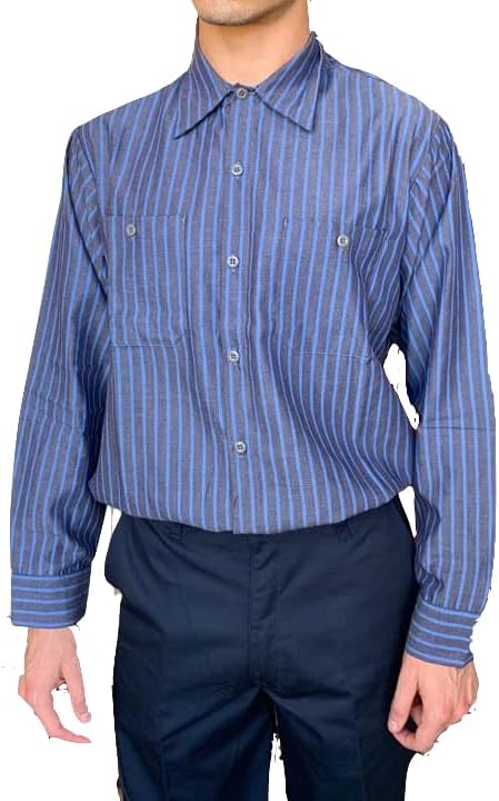 Blue Collar Outlet Men's Industrial Charcoal with Blue Stripe Long Sleeve Work Uniform Shirt, 65% Polyester, 35% Cotton -