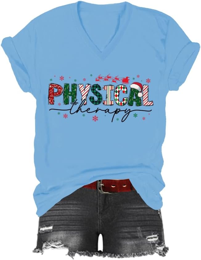 Christmas Physical Therapy T-Shirt, Physical Therapy Shirt, Classic Graphic Print Women Men V-Neck Tshirt - Sky Blue