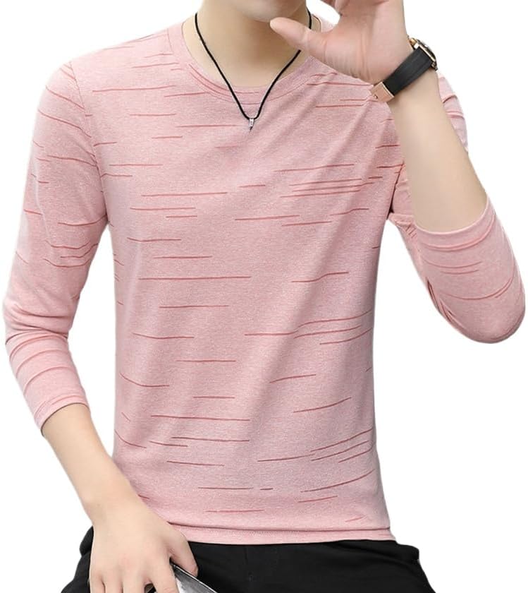Mens Shirt Striped Crewneck Long Sleeve T Shirt Basic Pullover Classic Dry Fit Sport Golf Shirts Casual Tee Shirt - Pink