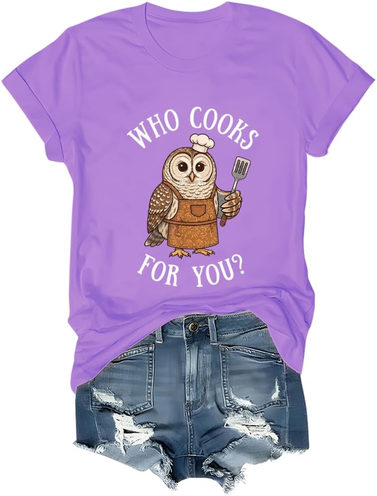 Who Cooks for You Owl Shirt Funny Barred Owl Chef Bird Lover Tee - Crew Neck Light Purple1