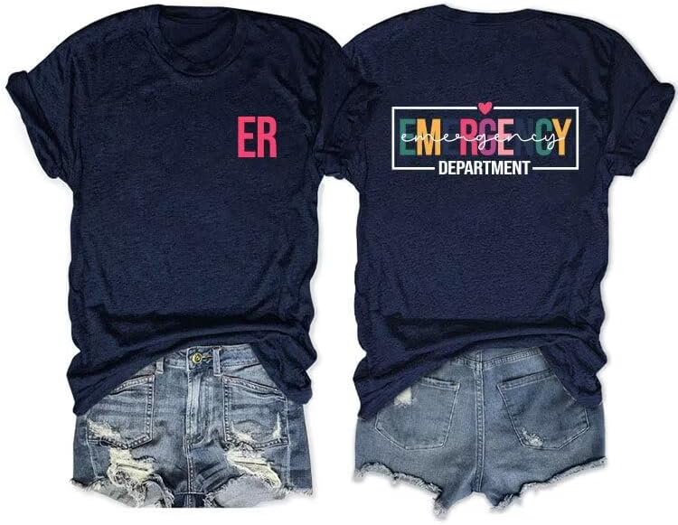 Nurse Shirts Women Emergency Department T-Shirt Funny Back and Front Graphic Tee Casual Crew Neck Tee Tops Nurse Shirt -