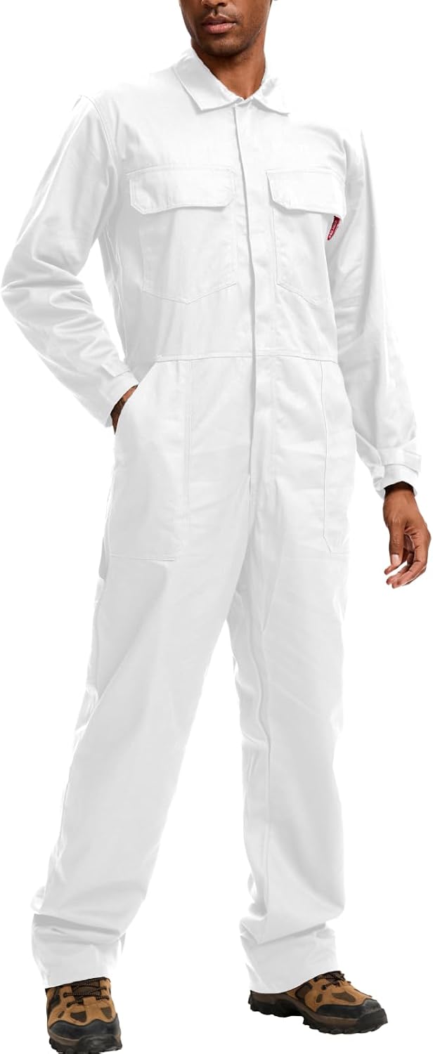 WORK IDEA Men's Coveralls Long Sleeve Workwear Jumpsuit Multi Pockets - White