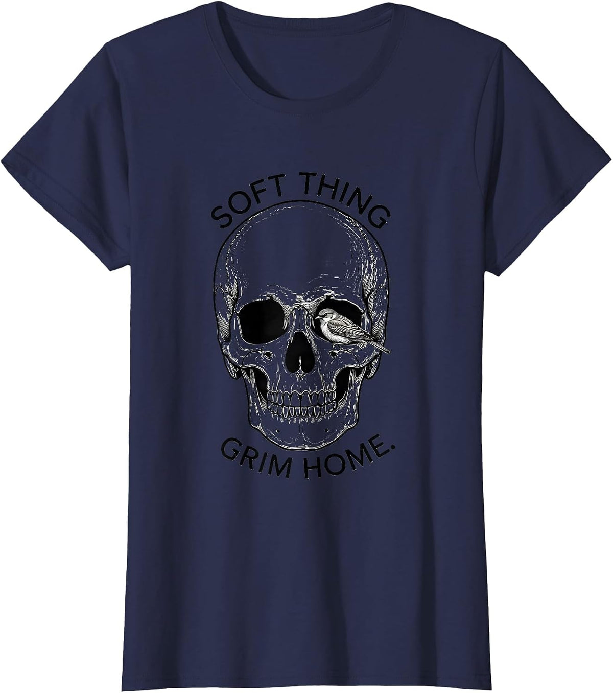 Women's Soft Thing Grim Home Line Art Skull Punk Horror Graphic T-Shirt - Navy Blue