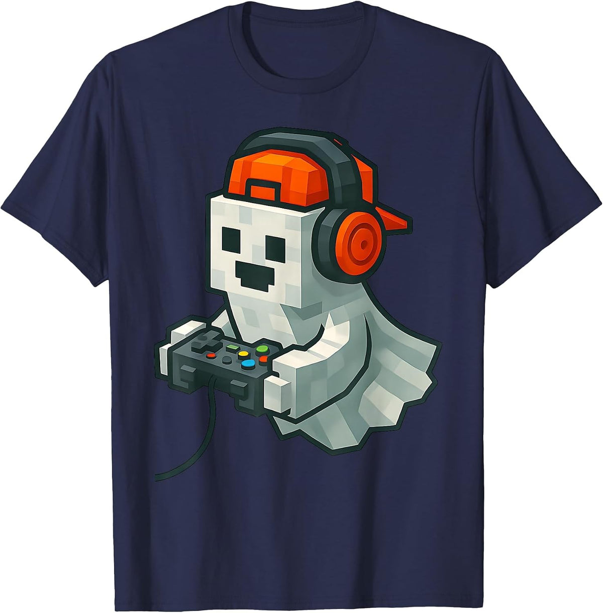 Halloween Ghost Gamer Funny Pixel Video Gaming Boys Men Kids T-Shirt - Navy Blue