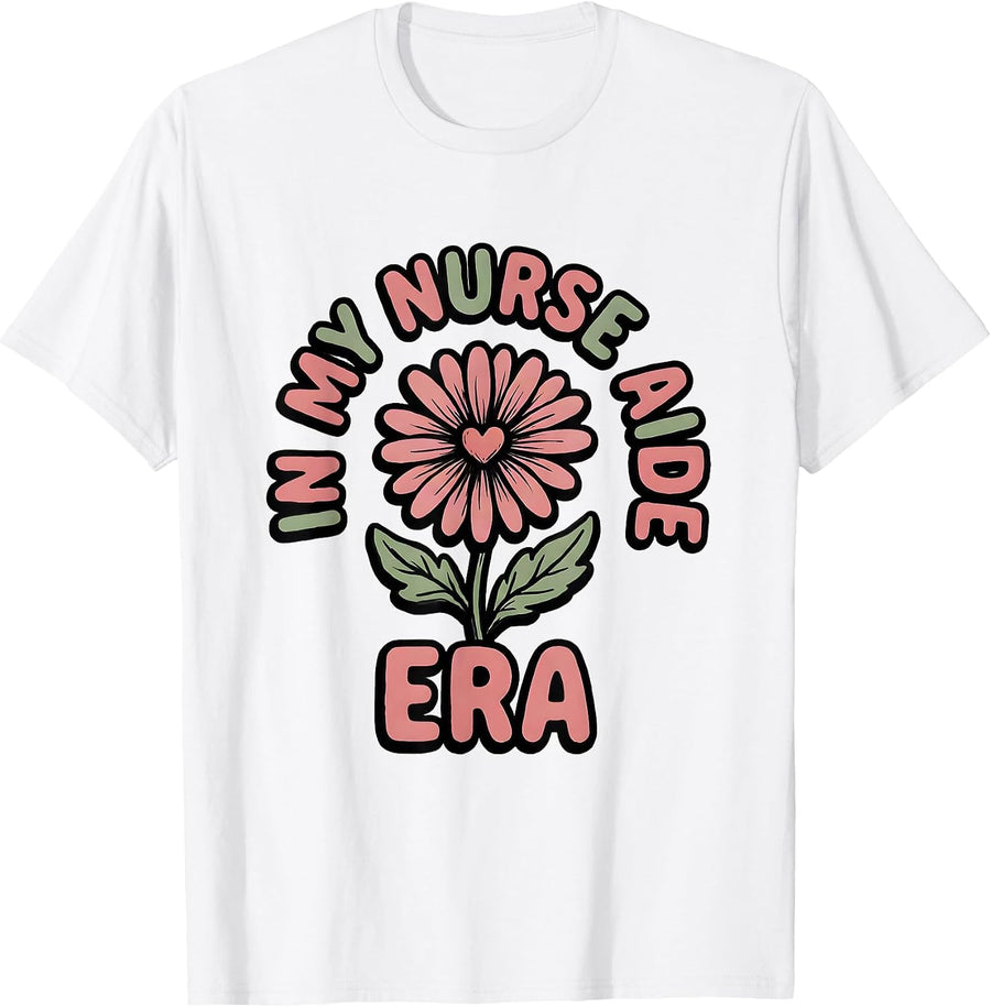Men's In My Nurse Aide Era Retro Groovy Floral Novelty T-Shirt - White
