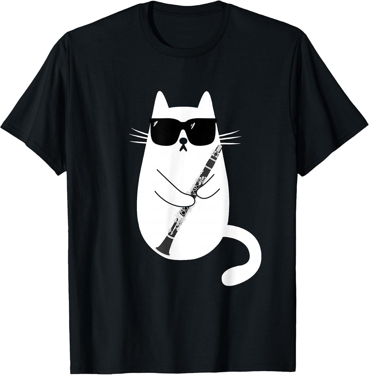 Funny Cat Wearing Sunglasses Playing Clarinet Musician T-Shirt - Black