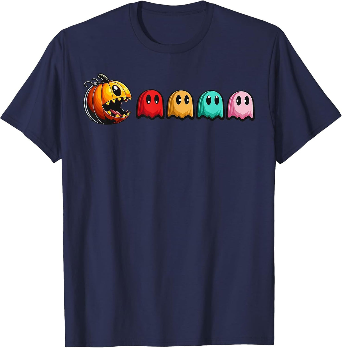 Halloween Pumpkin vs. Ghosts Retro Video Game T-Shirt - Navy Blue