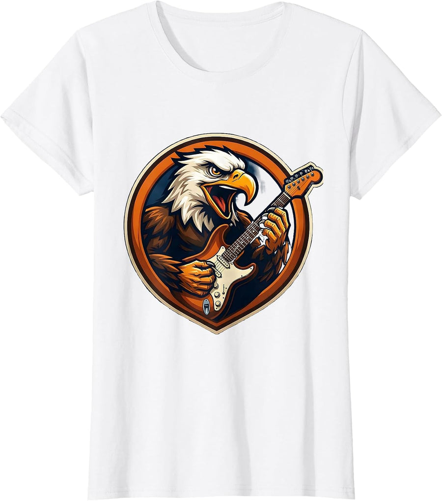 Women's 70s Bald Eagle Electric Guitar Rock Graphic T-Shirt - White