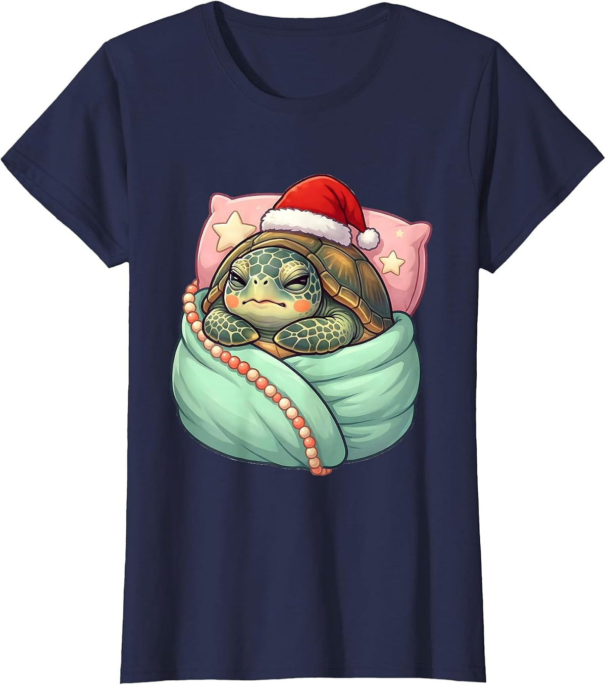 Women's Sea Turtle Santa Hat Cute Kawaii Holiday Pajama T-Shirt - Navy Blue
