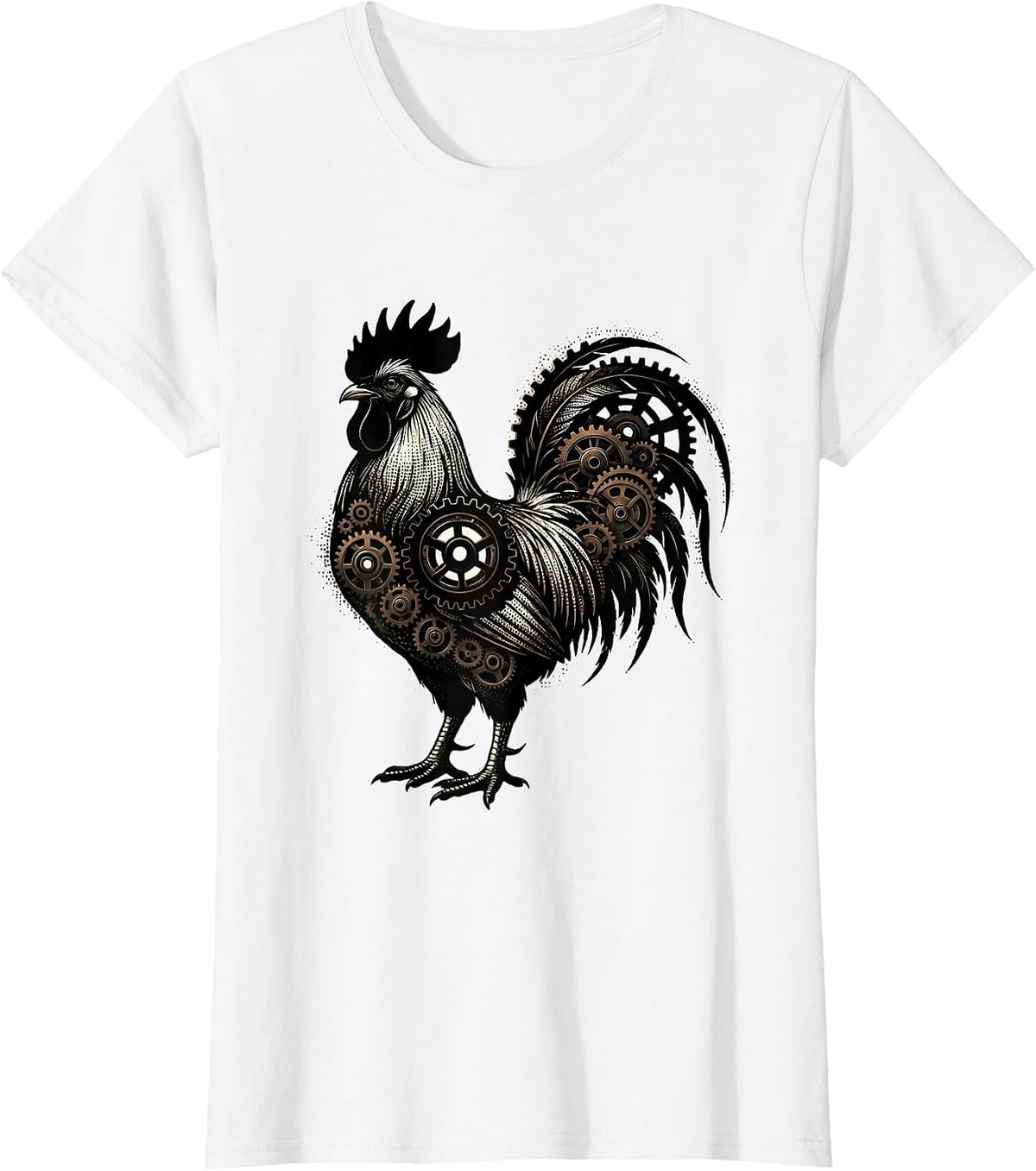 Women's Rooster Gear Illustration Mechanical Art Design T-Shirt - White