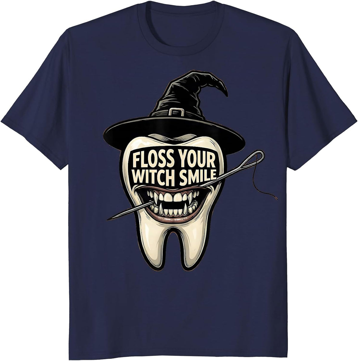 Men's Floss Your Witch Smile Funny Dental Hygienist Halloween T-Shirt - Navy Blue