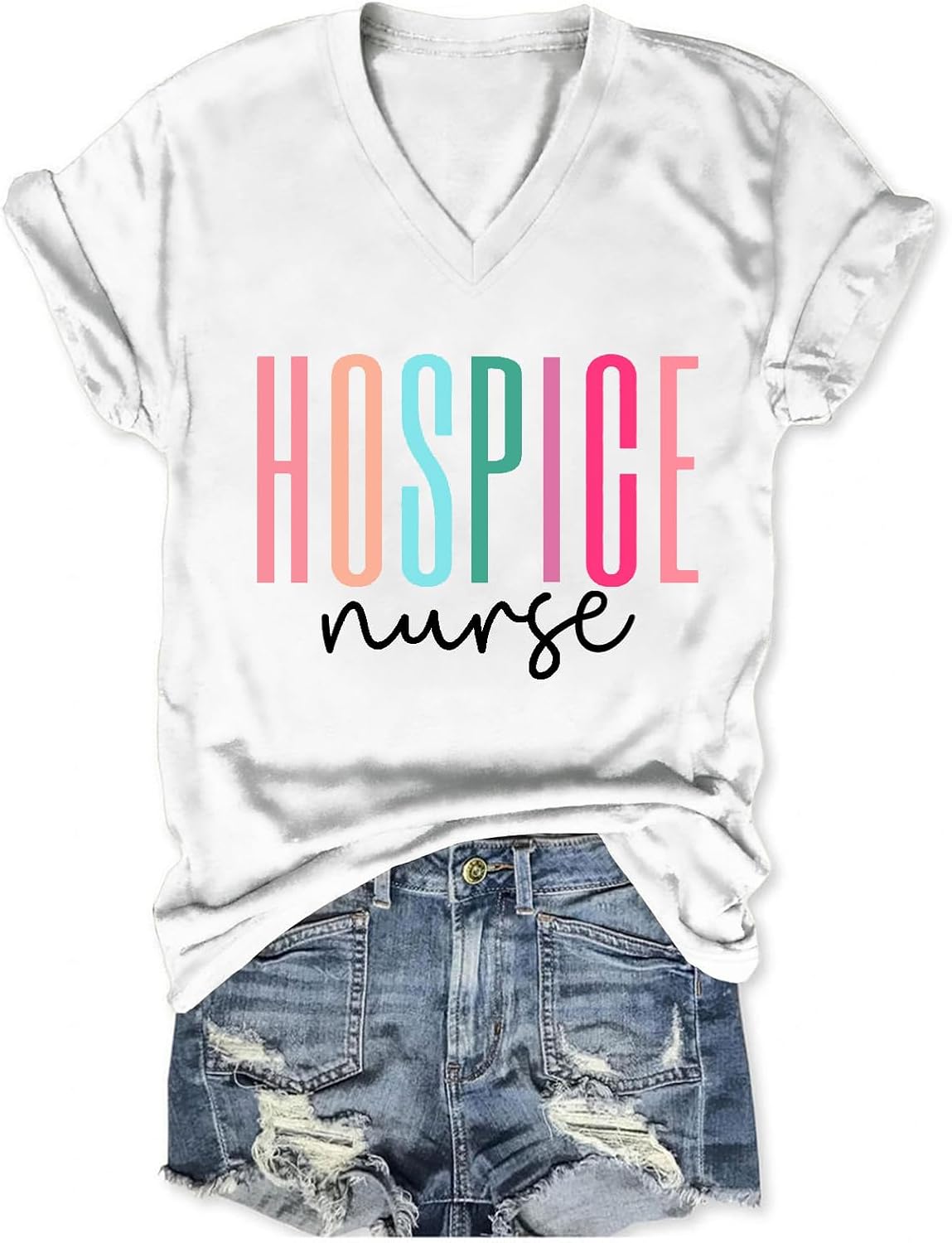 Hospice Nurse T Shirts for Women, Nurse Life Letter Print Tops Casual V Neck Tees Loose Fit Short Sleeve Tshirts - White