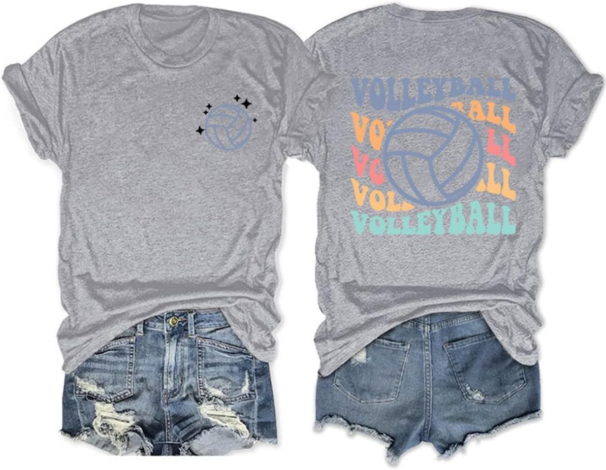 Volleyball Shirt, Women Game Day Volleyball T-Shirt Retro Short Sleeve Volleyball Graphic Tees Volleyball Lover Tops - Grey