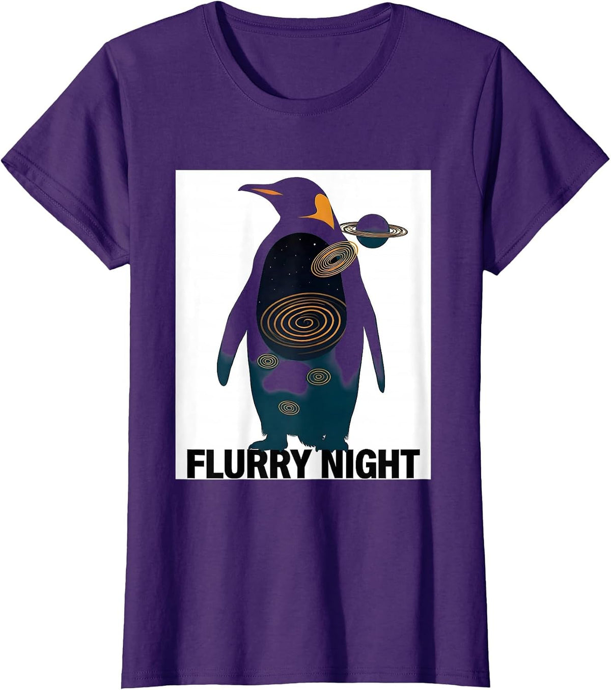 Women's Flurry Night Penguin Van Gogh Animal Lover Art T-Shirt - Purple