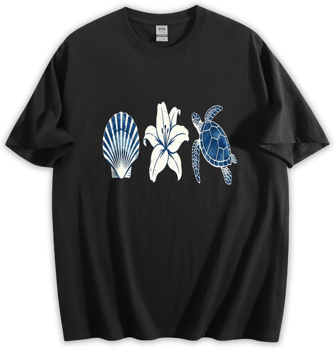 Coastal Sea Turtle Shell Lily Graphic T-Shirt, Beach Nature Inspired Casual Cotton Tee - Black