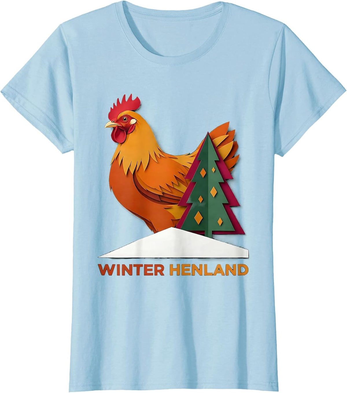 Women's Winter Henland Paper Cutout Funny Chicken Lover Christmas T-Shirt - Baby Blue