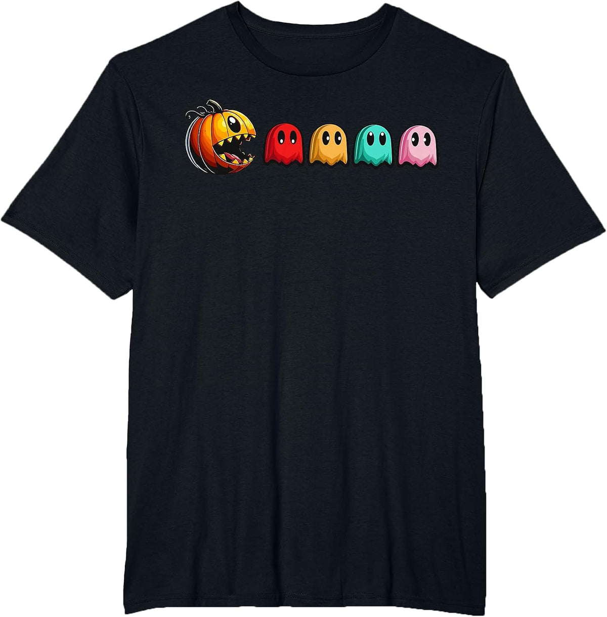 Halloween Pumpkin vs. Ghosts Retro Video Game T-Shirt - Black