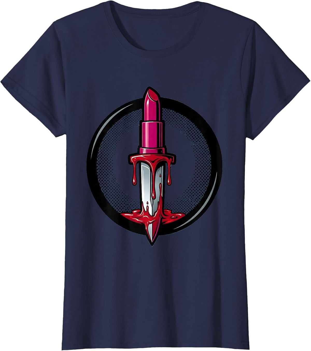 Women's Dagger Lipstick Drip Punk Graphic Design T-Shirt - Navy Blue