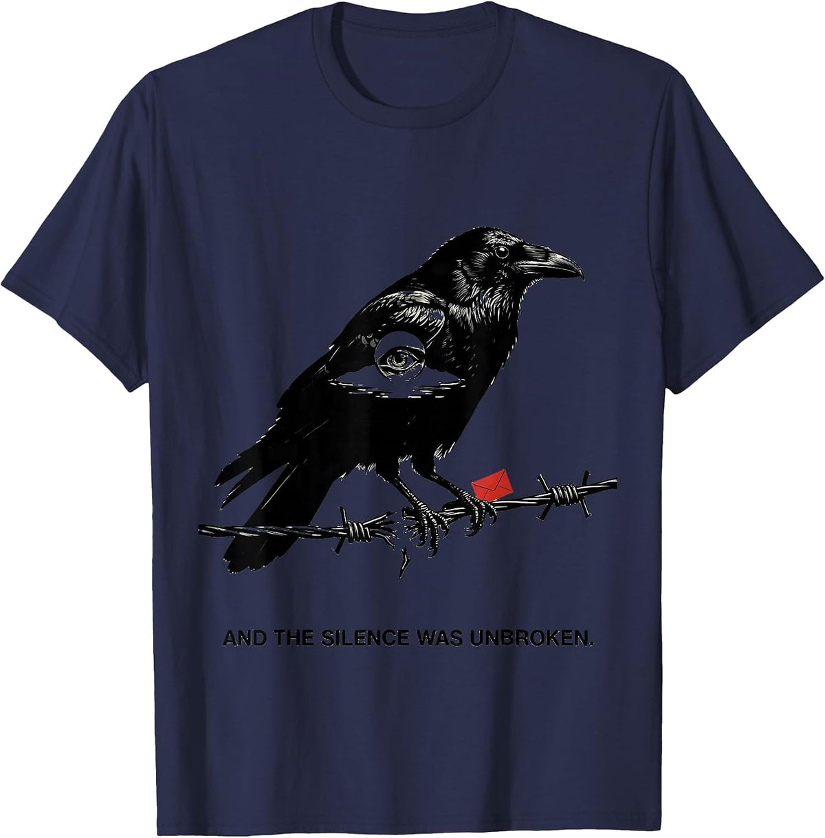 Men's And The Silence Was Unbroken Gothic Edgar Allan Poe Raven T-Shirt - Navy Blue