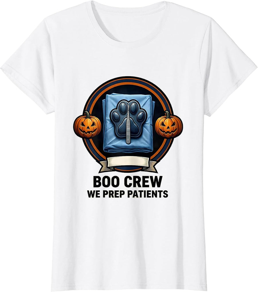 Women's Boo Crew We Prep Patients Funny Vet Tech Halloween Workplace T-Shirt - White