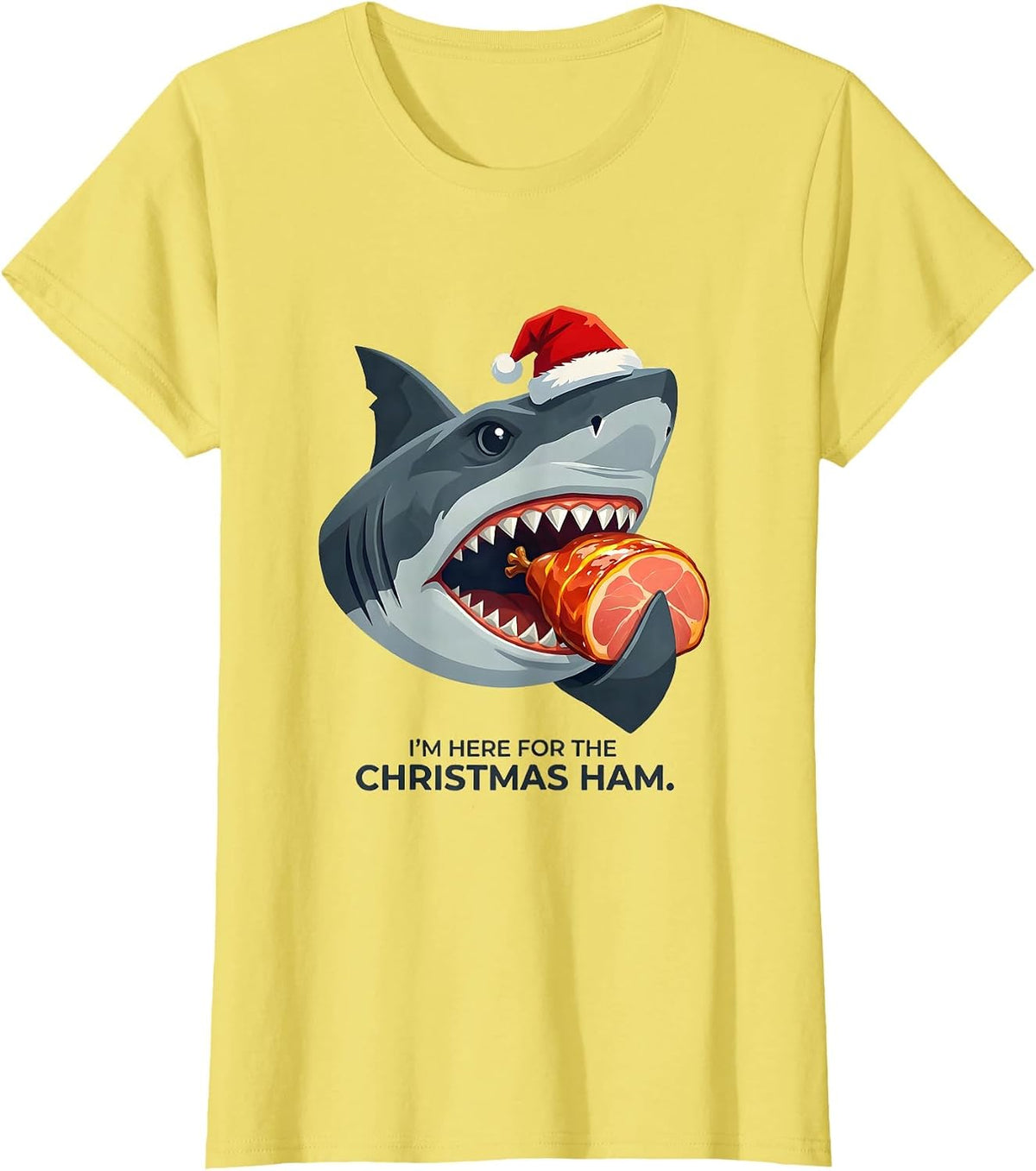 I'm Here for the Christmas Ham Funny Shark Santa Hat Novelty T-Shirt - Lemon Yellow