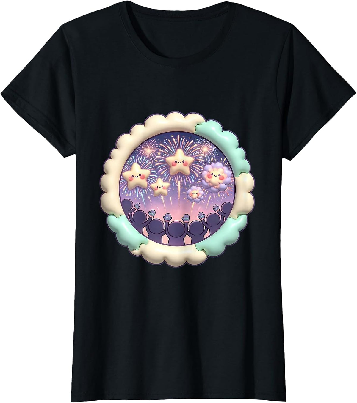 Crowd Silhouette Fireworks Cheer Celebration T-Shirt - Black