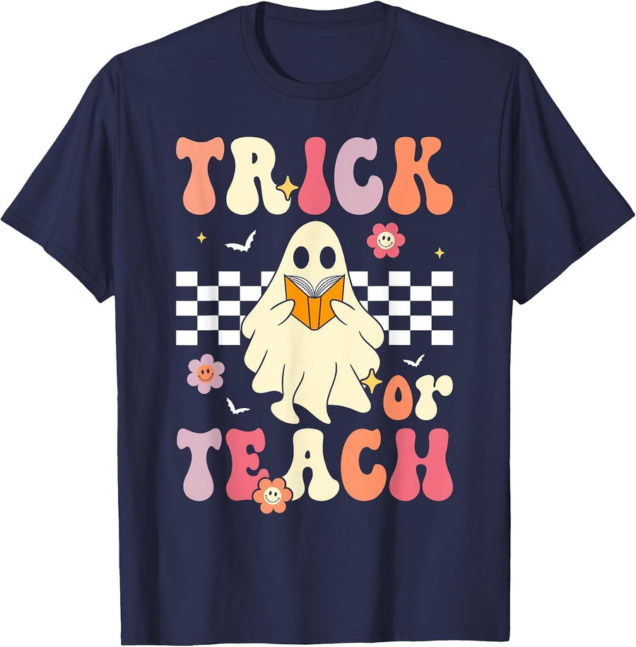 Groovy Teacher Halloween Retro Trick or Teach Floral Ghost T-Shirt - Navy Blue