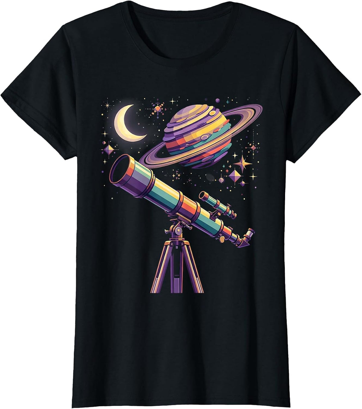 Telescope Night Sky Stargazing Astronomy Design T-Shirt - Black