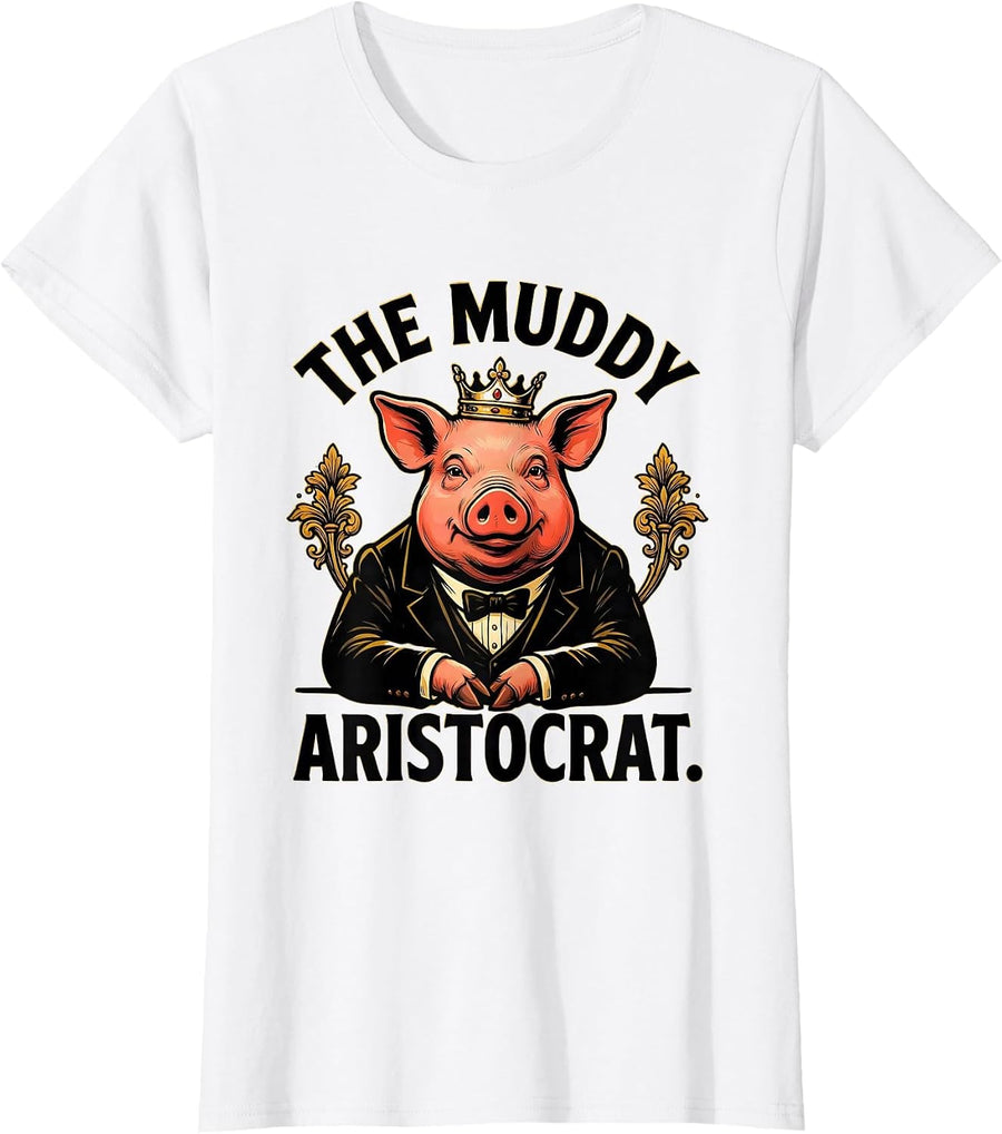 Women's The Muddy Aristocrat Funny Pig Photobooth Portrait Animal T-Shirt - White