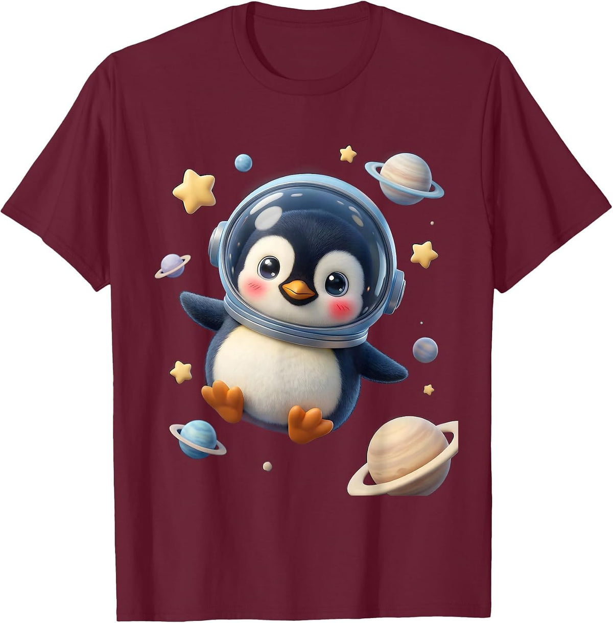 Men's Penguin Astronaut Floating in Outer Space T-Shirt - Burgundy