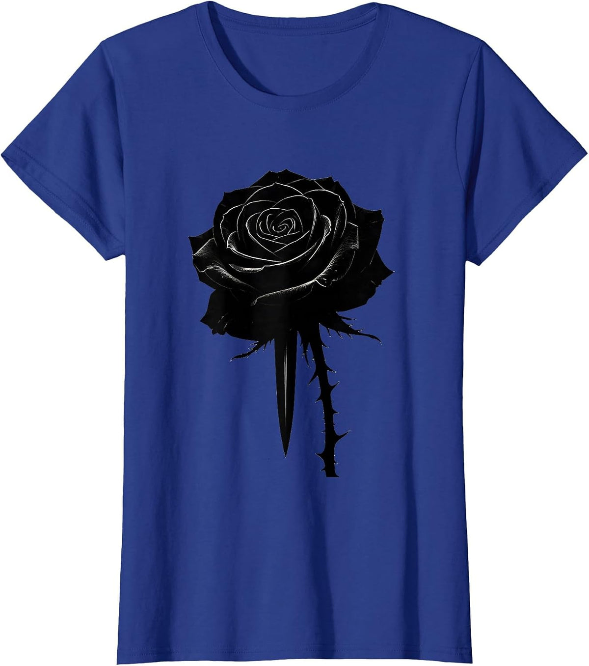 Women's Black Rose and Dagger Goth Dark Art Design T-Shirt - Royal Blue