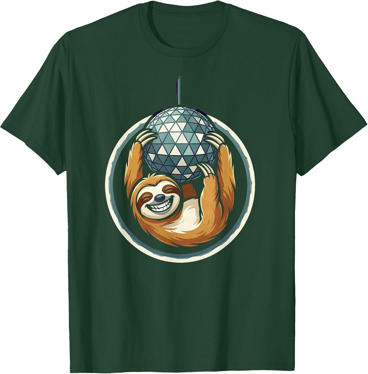 Party Animal Sloth Hanging From a Disco Ball T-Shirt - Dark Green