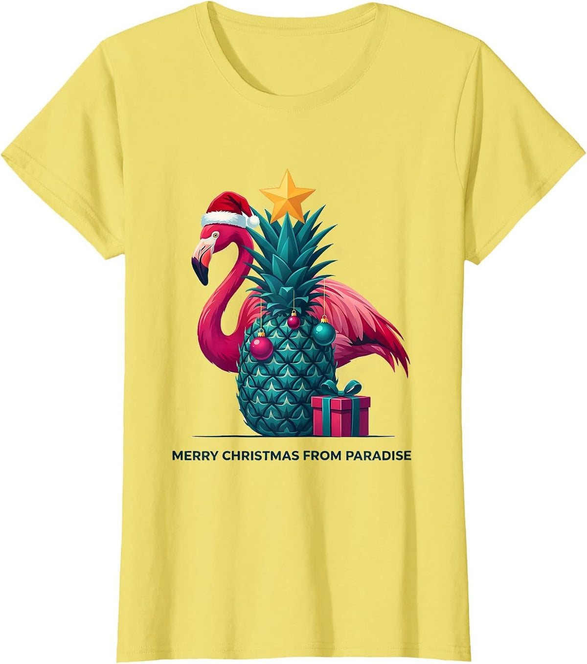 Merry Christmas From Paradise Funny Pink Flamingo Christmas T-Shirt - Lemon Yellow