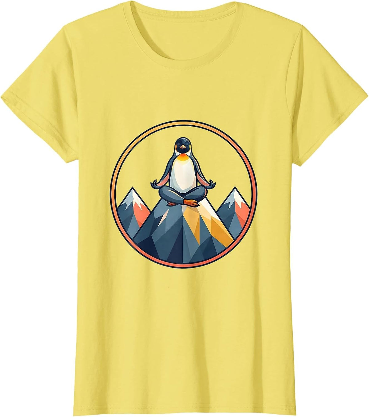 Women's Penguin Meditating on Mountain Peak Graphic T-Shirt - Lemon Yellow