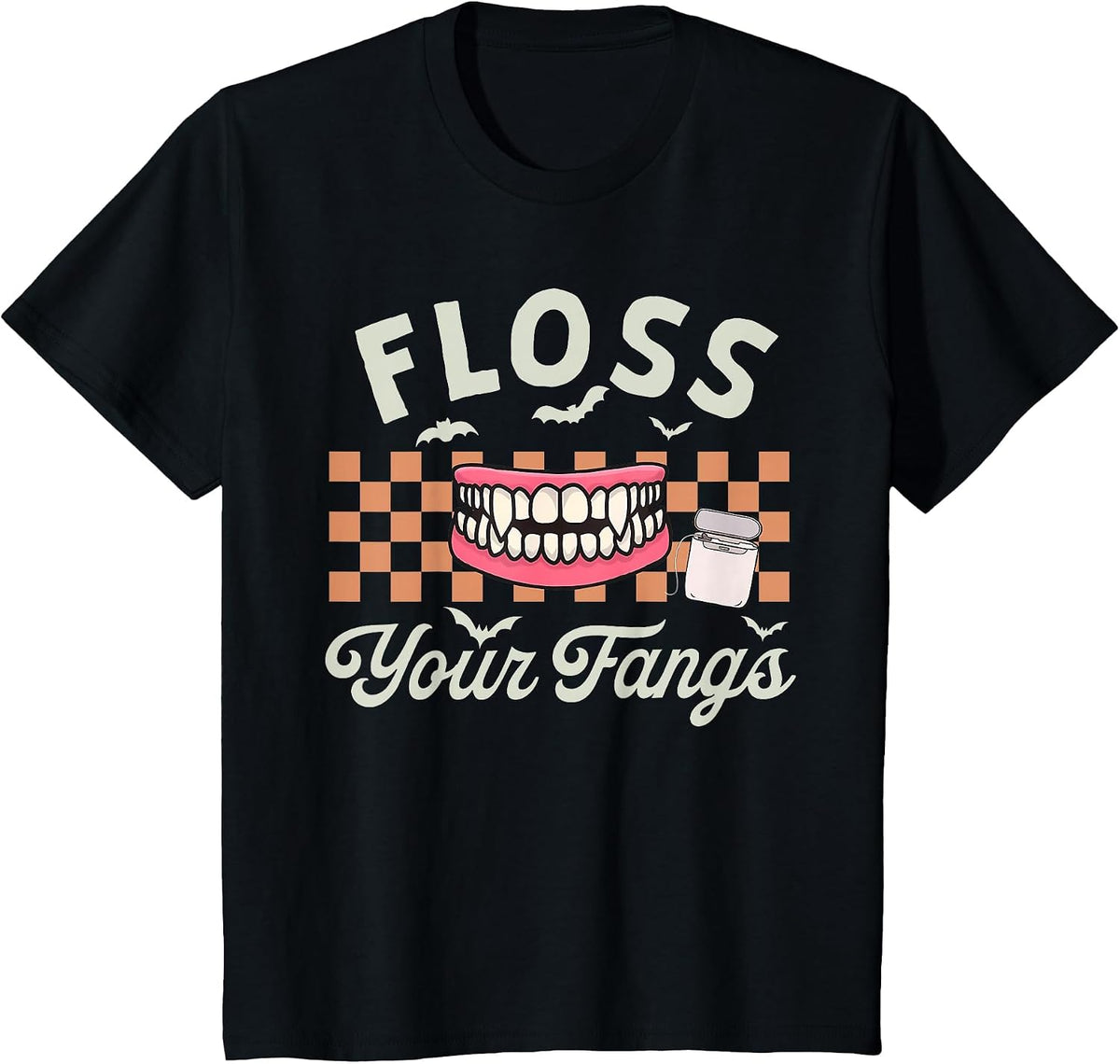 Retro Funny Teeth Floss Your Fangs Dentist Spooky Halloween T-Shirt - Black