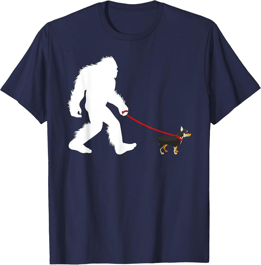 Bigfoot Walking Chihuaha Dog Walker T-Shirt - Navy Blue