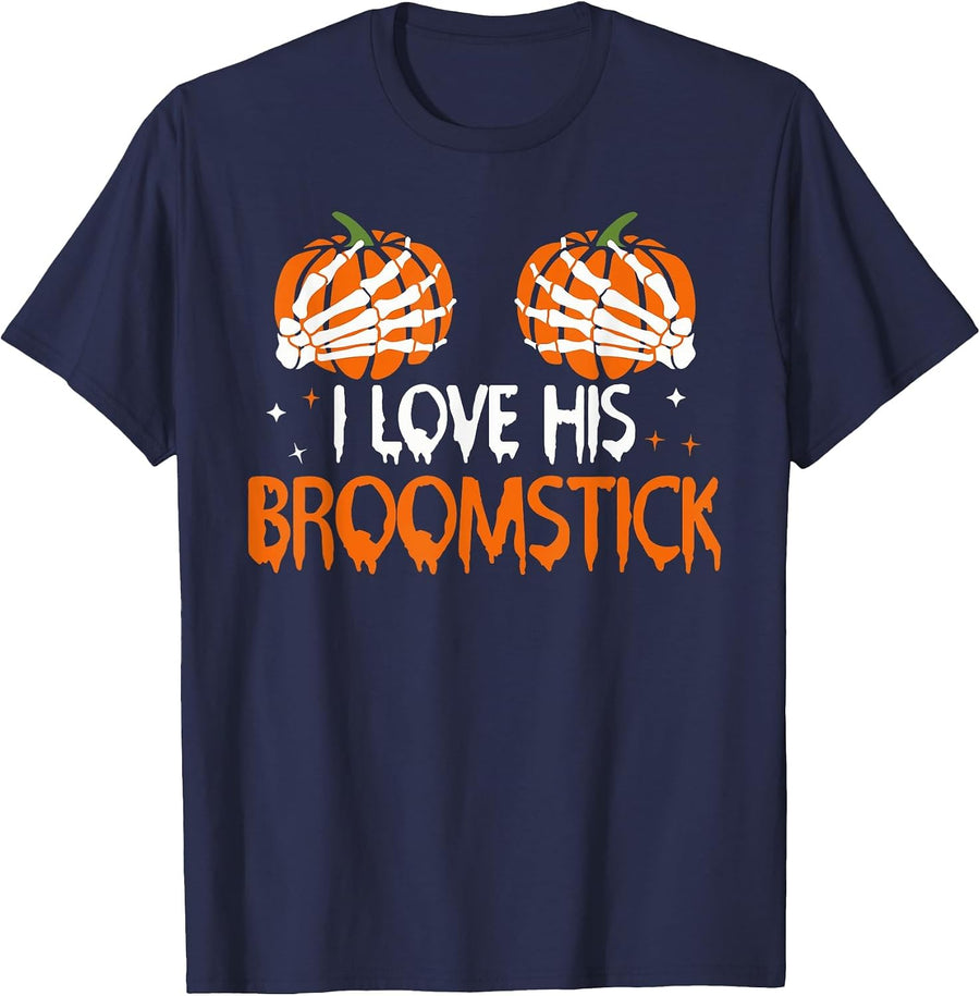 I Love His Broomstick I Love Her Pumpkins Halloween Couples T-Shirt - Navy Blue