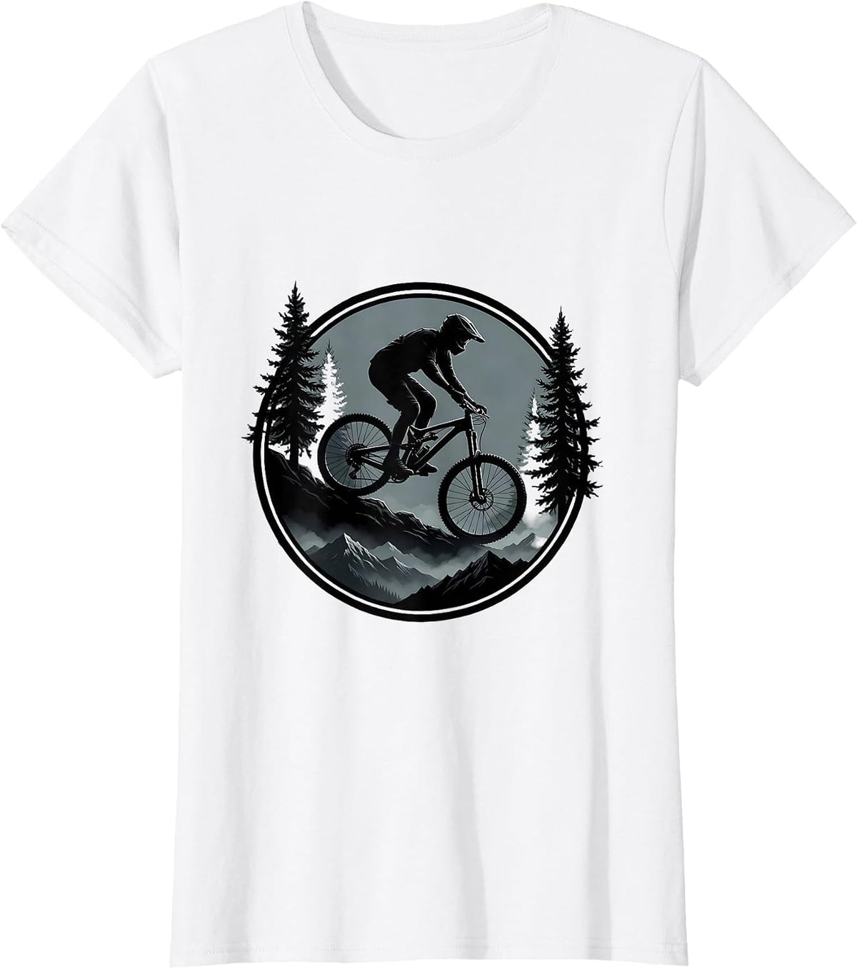 Mountain Biker Descending Misty Forest Trail T-Shirt - White