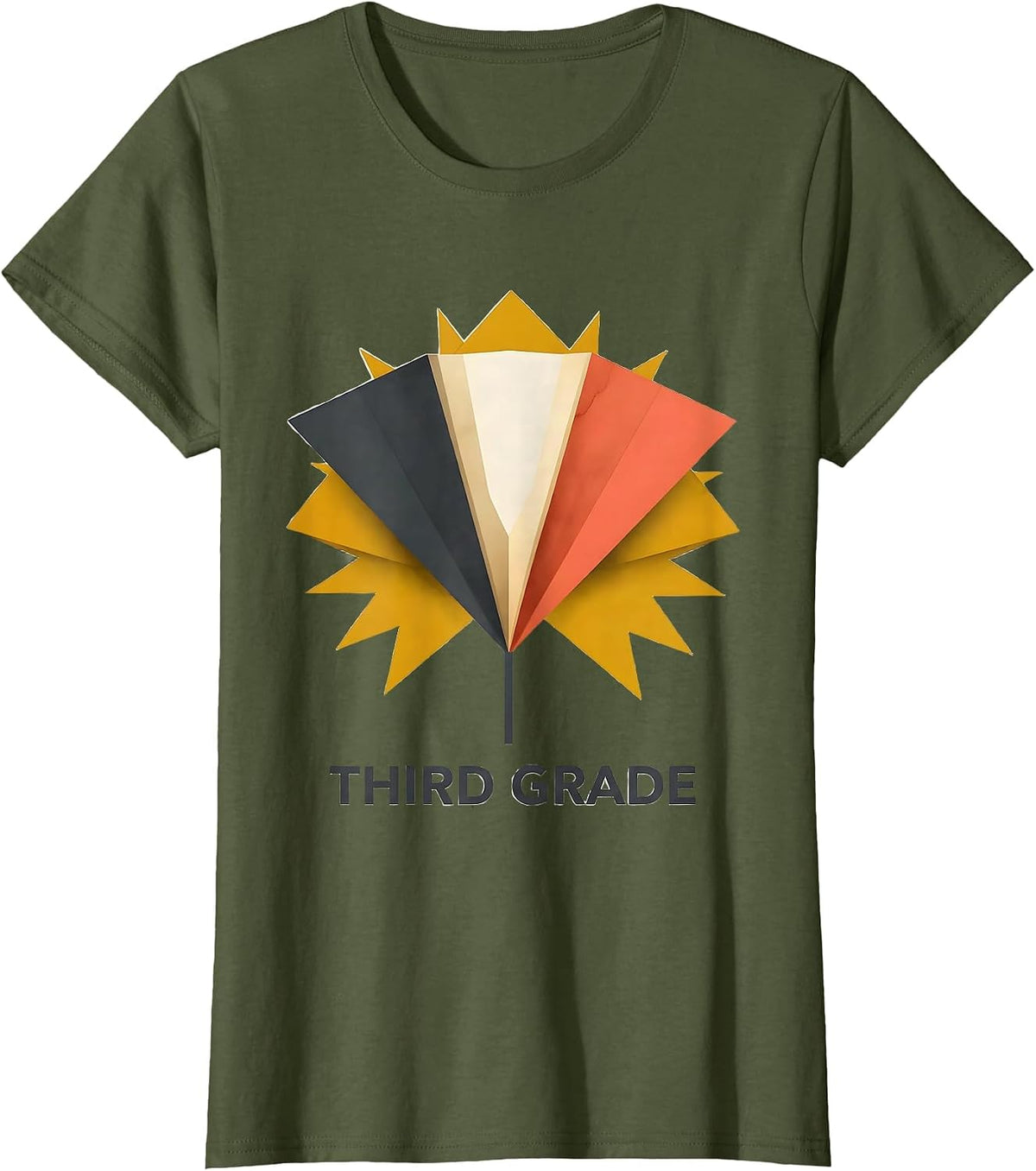 Women's Third Grade Midcentury Modern Pennant Back To School Girls T-Shirt - Olive Green