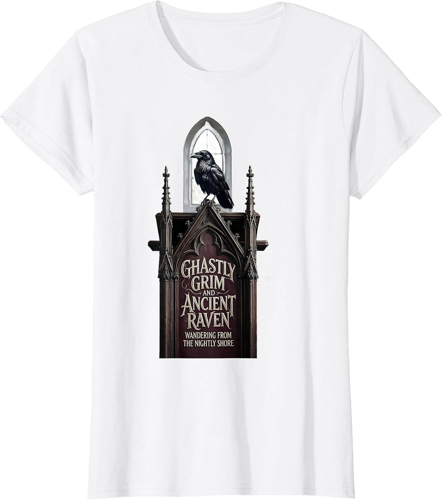 Women's Ghastly Grim Raven Gothic Literary Humor T-Shirt - White