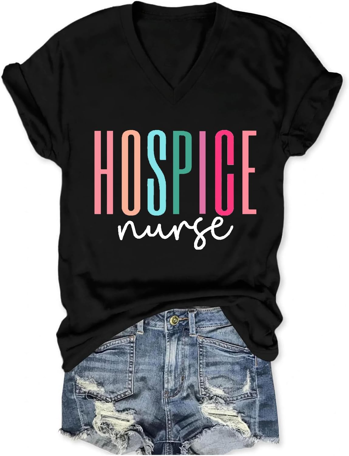 Hospice Nurse T Shirts for Women, Nurse Life Letter Print Tops Casual V Neck Tees Loose Fit Short Sleeve Tshirts - Black
